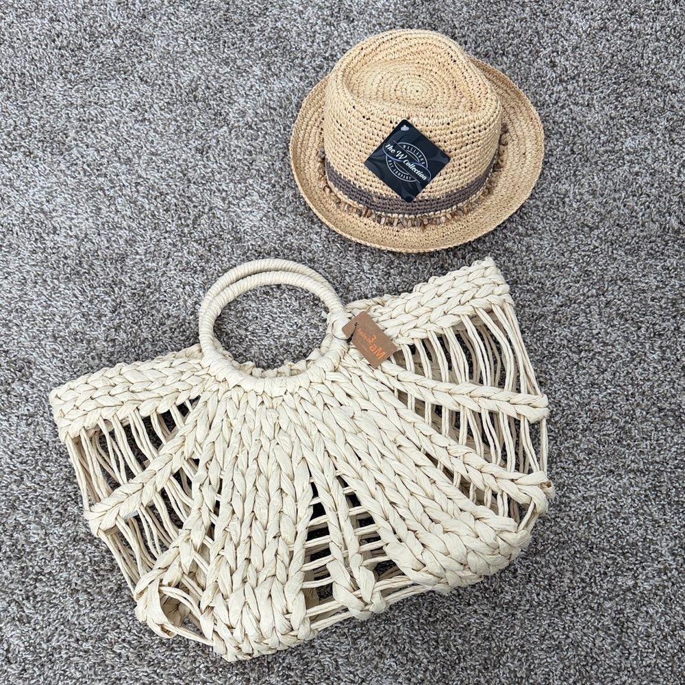 Elegant Cream Woven Tote Bag and Straw Hat Bundle